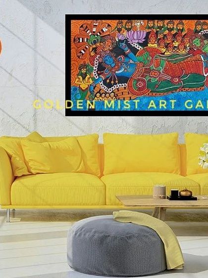 A mockup showing how the large Ananthasayanam mural would look as a centerpiece in a modern living room.