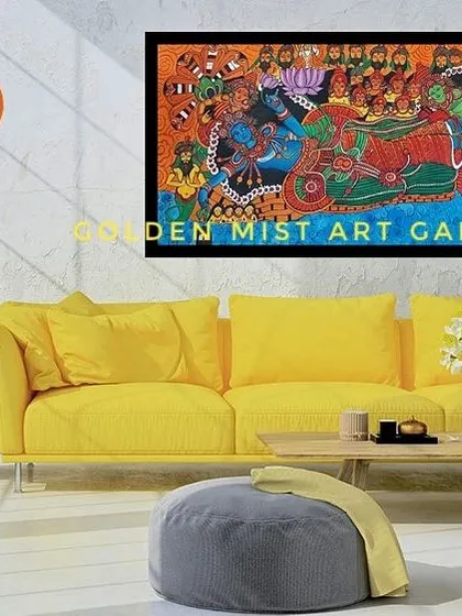 A mockup showing how the large Ananthasayanam mural would look as a centerpiece in a modern living room.
