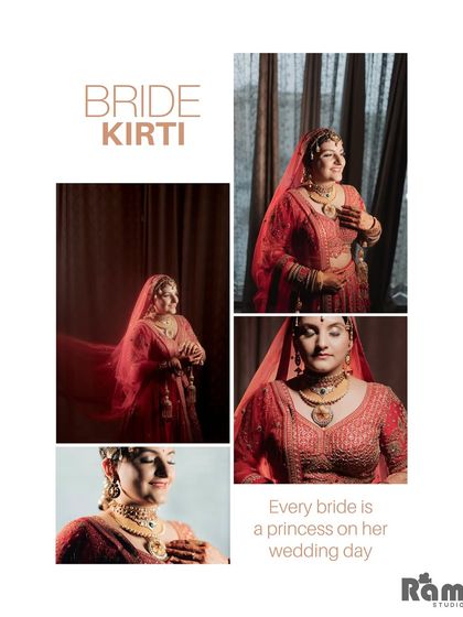 A lovely collage dedicated to "BRIDE KIRTI." It features several portraits that capture her grace and beauty from different angles, with a soft and romantic feel.