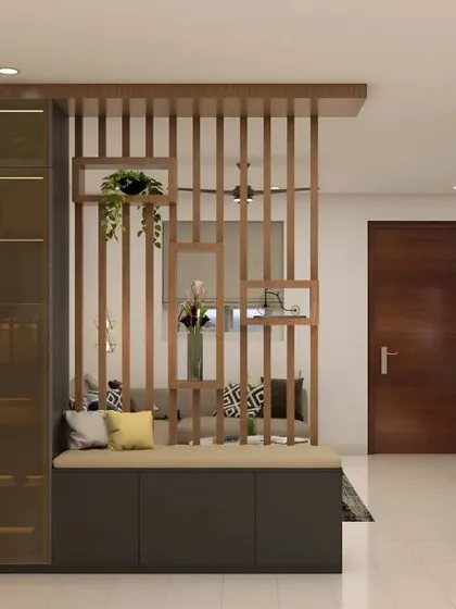 An example of our multi-functional design, this wooden slat partition separates the living and dining areas while providing value. It features built-in display shelves, a cushioned seating nook, and concealed storage cabinets below.