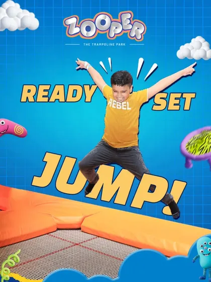 Ready, set, JUMP. A young jumper gets some serious air in our main trampoline court. The perfect place to practice your moves.