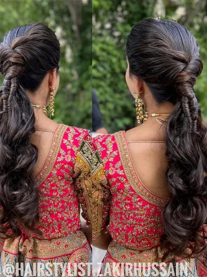 A dual-angle view of the intricate twisted ponytail, highlighting the unique knotting and beautiful curls.