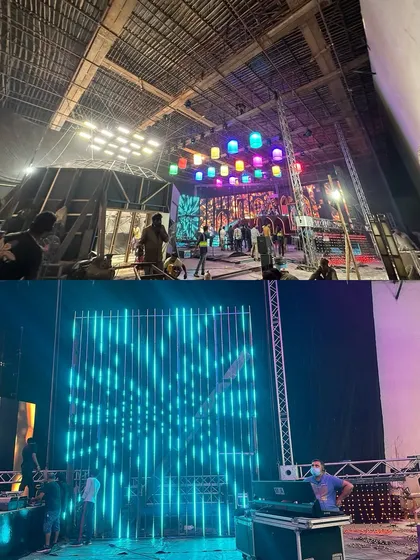 Behind the scenes of the Netflix series 'Jewel Thief'. This collage shows the vibrant, colorful lighting we designed for the song 'Jaadu', including a large array of hanging lanterns.