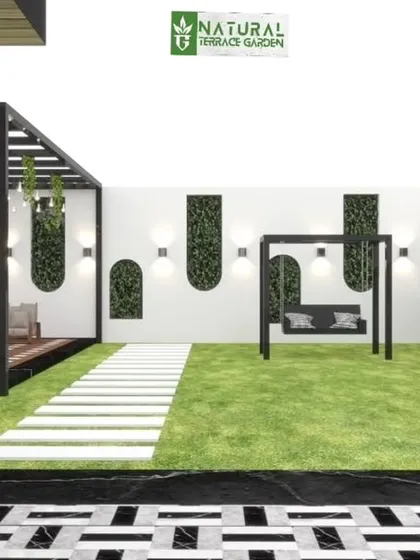 A proposed design for a large terrace in Najafgarh, featuring a pergola, a swing, and distinct green and paved areas.
