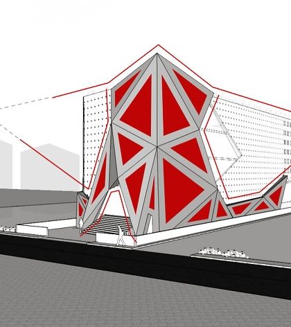 A diagram illustrating the development of the diamond-inspired showroom façade. The red lines show the geometric logic used to create the angular, multi-faceted surface, turning a simple box into a dynamic form.