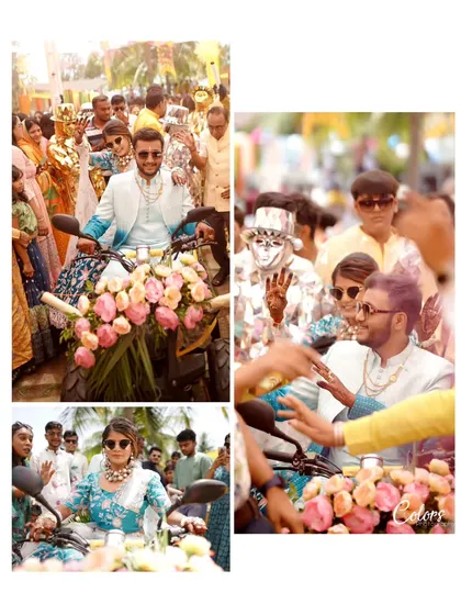 A collage showcasing a cool baraat entry on a decorated motorcycle, capturing the groom's stylish arrival and the bride taking the wheel.