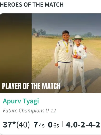The scorecard highlighting Apurv Tyagi's all-round performance to win Player of the Match.