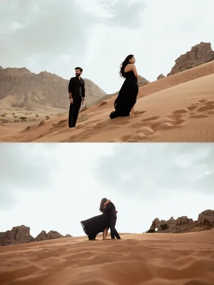 A dramatic two-panel shot of Kevin and Grishma in the Dubai desert. The contrast between the wide landscape and their intimate embrace tells a story of love in a vast, epic setting.