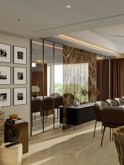 A design concept for a dining area where a dark marble accent wall and full-height mirrors create a dramatic and glamorous atmosphere, perfect for formal entertaining.