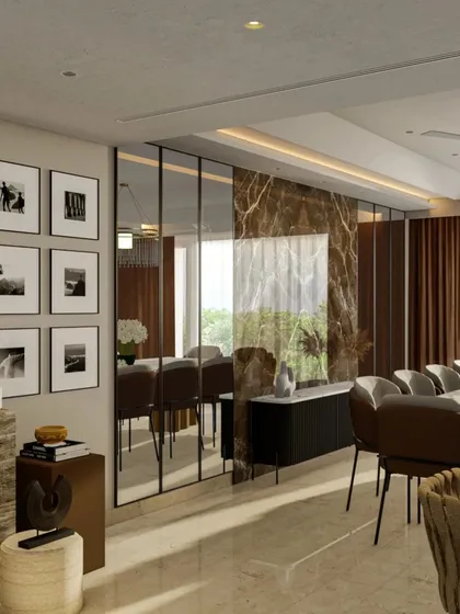 A design concept for a dining area where a dark marble accent wall and full-height mirrors create a dramatic and glamorous atmosphere, perfect for formal entertaining.