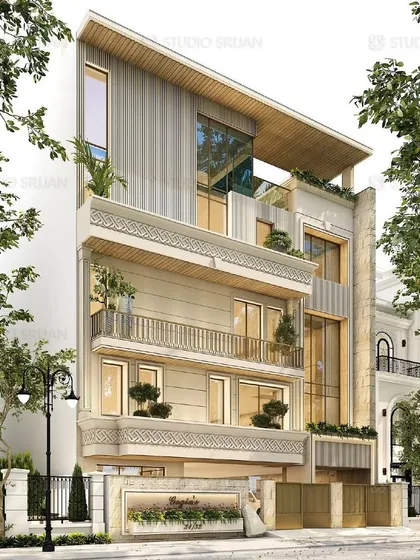 A 300 sq. yard home design in Naraina Vihar that blends modern lines with traditional patterns. The intricate design on the balcony railings adds a decorative touch to the otherwise contemporary structure.