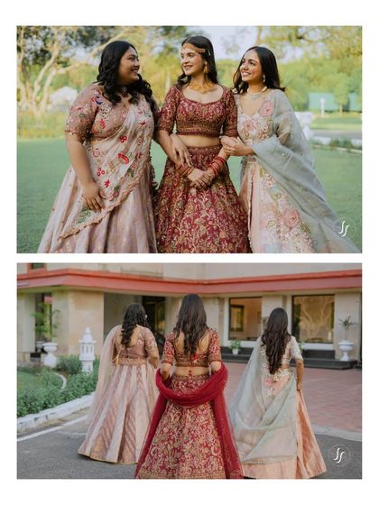 A collage showing the bride and her sisters posing together, capturing their close bond.
