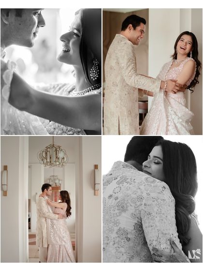A collage of happy and intimate moments from a Roka ceremony. The mix of black and white and color photos captures the range of emotions, from playful laughter to quiet embraces.