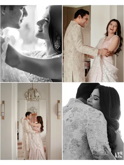 A collage of happy and intimate moments from a Roka ceremony. The mix of black and white and color photos captures the range of emotions, from playful laughter to quiet embraces.