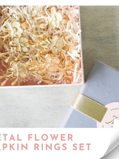 A repeat of the metal flower napkin rings, showcasing them as a perfect, easy-to-gift item for the festive season.