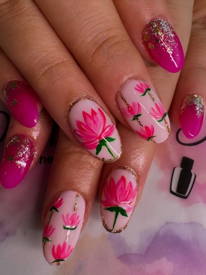 Wedding special. This beautiful set features hand-painted lotus flowers on a pink base with gold glitter accents, perfect for a bride.