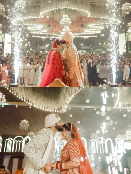 This is the moment. We capture the peak of the Varmala ceremony with dramatic lighting and pyrotechnics, creating a truly epic shot that defines luxury wedding photography.