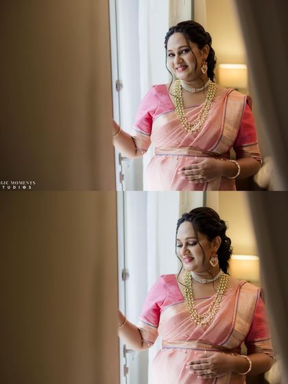 Two beautiful solo portraits of the mother-to-be by a window. Using natural light from the window creates a soft and flattering look.