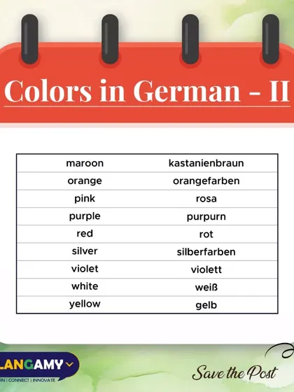 Learn your colors in German. This vocabulary card covers everything from 'rot' (red) to 'gelb' (yellow).