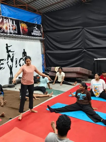 Another angle of our group flexibility class, showing the focus and dedication of our members to improving their mobility.