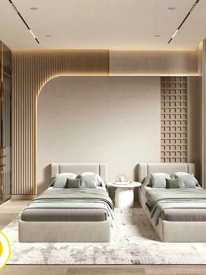 A view of the twin beds, perfect for a shared bedroom or a guest room. The curved wood paneling and lattice detail on the wall add a unique design element.