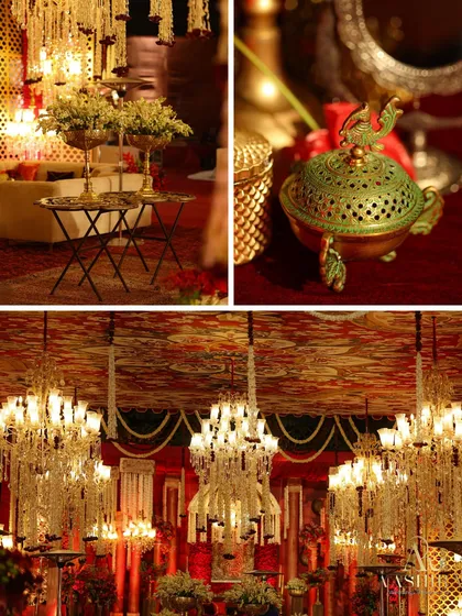 A collection of details from the event, including a close-up of an antique incense burner, the floral-draped chandeliers, and a cozy seating nook.