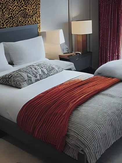 A bedroom design that plays with bold color and pattern. The combination of a leopard-print accent, bright red blinds, and an orange throw creates a vibrant and eclectic space with a strong personality.