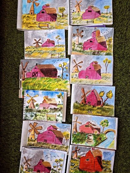 Collages showing the amazing variety of oil pastel drawings from our classes, from flowers and animals to landscapes and festive themes.