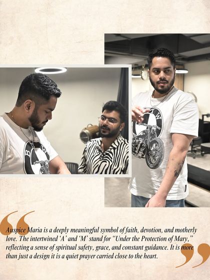 "Auspice Maria is a deeply meaningful symbol of faith, devotion, and motherly love." Austin explains the significance of his "Under the Protection of Mary" tattoo.