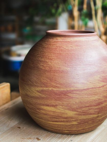 A finished Neriage vase, its surface a beautiful swirl of colored clays, a result of my recent explorations into new techniques.