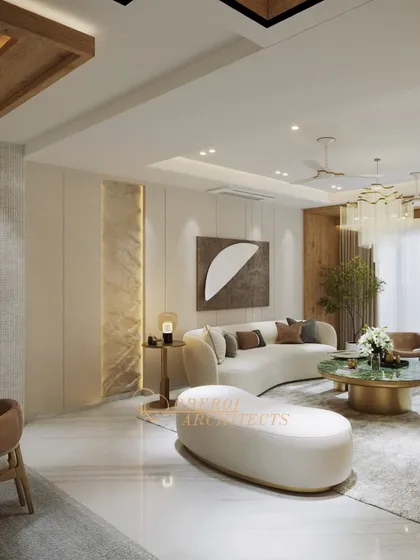 This perspective highlights the interplay of different zones within the open-plan layout, from the formal dining area to the relaxed lounge, unified by consistent wood and marble details.