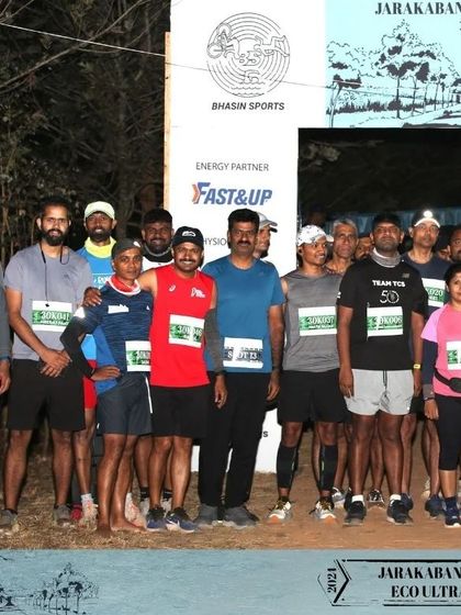 The starting line of the Jarakabande Eco Ultra, where runners gather before taking on the forest trails. We ensure every race begins with high energy and clear instructions for all participants.