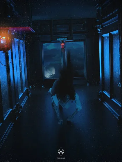 Another shot from the 'Crawl' series, this time with the figure in a forward crawling motion. The motion blur and dark, blue-toned corridor enhance the feeling of being pursued by something unnatural.