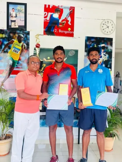 Our coach with Suraj Prabodh and his partner after their doubles victory in Hyderabad. We are present to support our players at every step of their competitive journey.