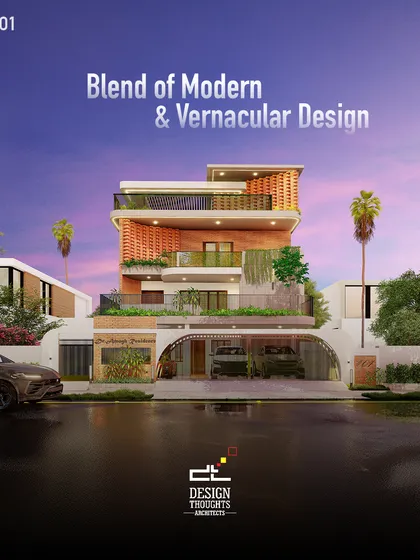 This project shows our expertise in creating fusion designs that serve unique needs. We designed this G+2 building in Jayanagar to house both a professional clinic and a luxurious family duplex, using brick textures and curves to create a harmonious look.