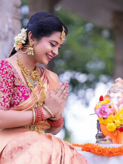 This series showcases a model in a festive look for Ganesha Chaturthi, wearing our complete temple jewellery set. It includes various angles highlighting the necklace, earrings, and maang tikka.
