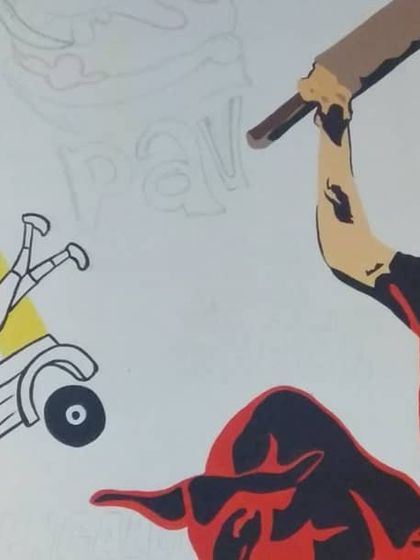 A fun detail from the Dosa Plaza mural, featuring a classic Bengaluru auto and an RCB fan. It's these little stories that make our doodles special.