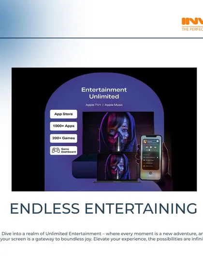 This graphic illustrates the world of unlimited entertainment my smart TVs unlock. With access to an app store, over 1000 applications, and 200+ games, your screen becomes a gateway to endless possibilities.