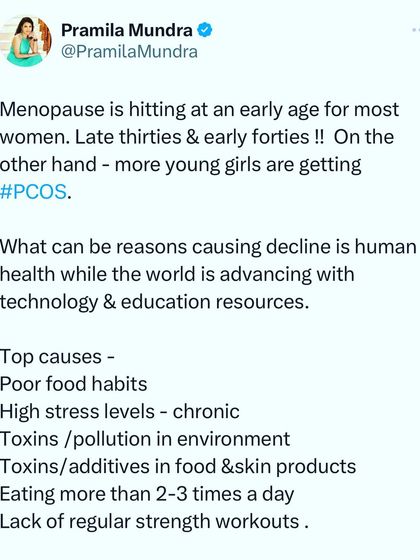It's concerning that PCOS is rising in young girls while menopause is starting earlier for many women. The root causes are often poor food habits, chronic stress, and environmental toxins. My coaching addresses these lifestyle factors to restore hormonal health.