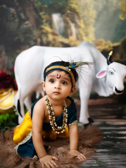 A curious little Krishna looks up, his innocence shining through. The setup includes a sacred cow prop and a forest backdrop for an authentic feel.