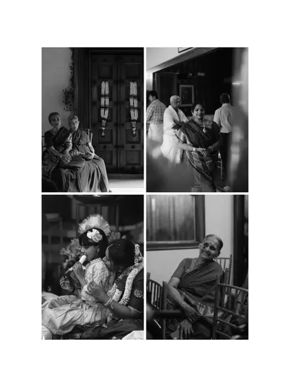 A black and white collage capturing tender moments with family members. It shows the quiet, emotional connections with mothers and grandmothers, the pillars of the family.