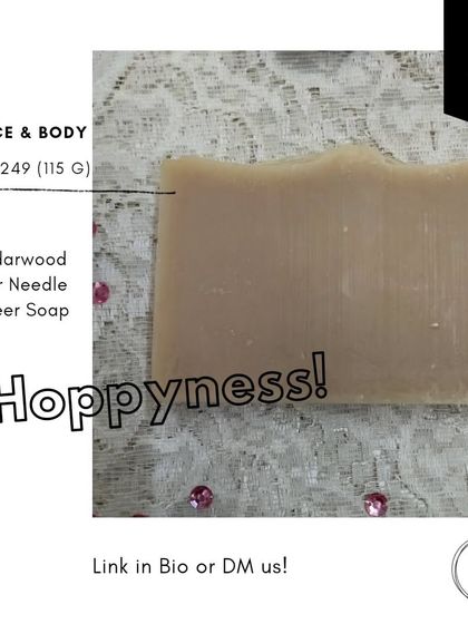 A product card for my 'Hoppyness' beer soap. It details the key ingredients like Cedarwood and Fir Needle, which give this unique soap its wonderful, woodsy aroma.