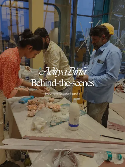 Behind the scenes at the Aditya Birla site. Our team is seen here preparing the hand sculpted floral elements, a small but crucial part of the large scale heritage mural.