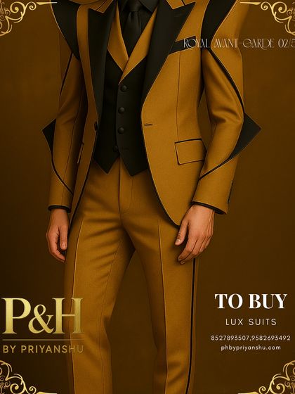 A detailed close-up of the gold and black suit's jacket. The focus is on the sharp, angular construction of the lapels and sleeves, highlighting the garment's sculptural quality.