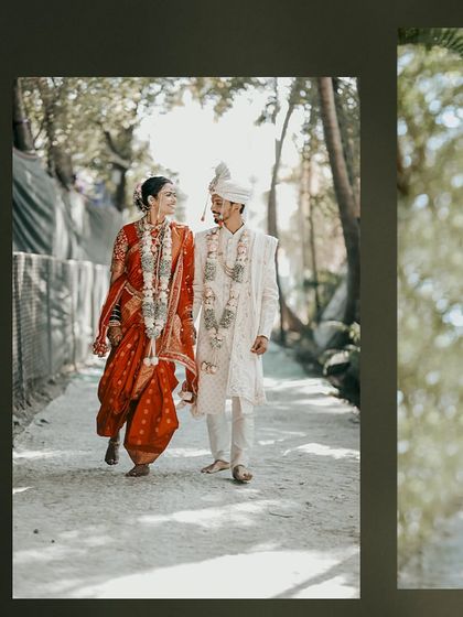 A collage of a couple's wedding portraits, capturing a candid walk and individual shots in their beautiful wedding attire.
