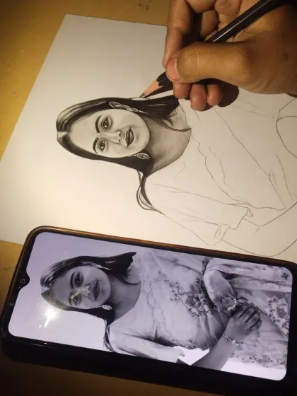 A behind-the-scenes look at the Ranchi commission work. You can see me working on the hair, using the reference photo on my phone to get every detail right.