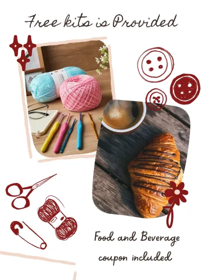 Every workshop participant and kit-buyer gets a complete set of tools. This includes free yarn and hooks, and if you join a workshop, a food and beverage coupon is included too.