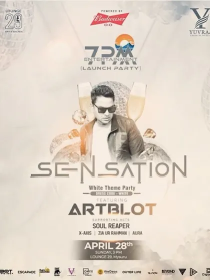 My headlining flyer for my debut gig in Mysore. It was a special "Sensation" white theme party, and I loved bringing my sound to a new city.