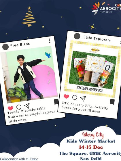 A showcase of vendors for the Kids Winter Market, featuring trendy kidswear from Free Birds and educational activity boxes from Little Explorers.