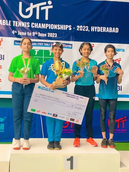 Agnelite Kavya Bhat on the podium after winning a bronze medal in the under-15 girls category at the UTT National Ranking Tournament in Hyderabad.